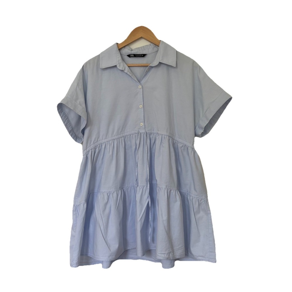 ZARA Light Blue Tiered Babydoll Mini Shirt Dress Short Sleeve Large Chambray
